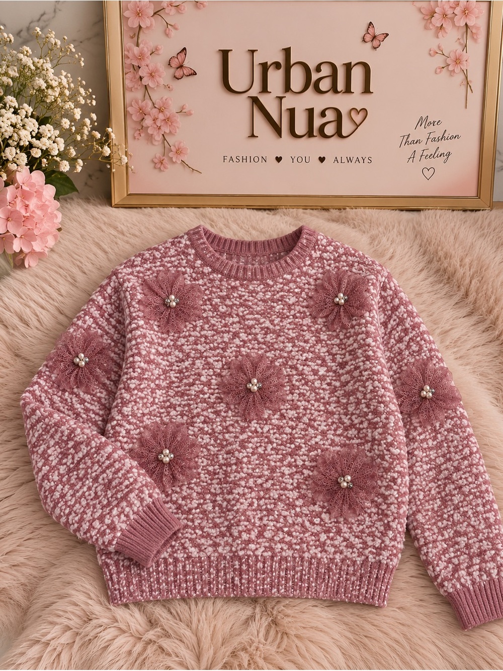Pink Floral-Embellished Crewneck Sweater